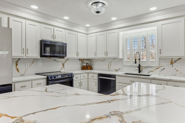 kitchen featuring refrigerator, white cabinetry, a sink, black range with electric cooktop, and dishwashing machine