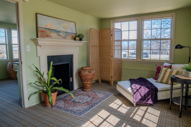 interior space with a fireplace with flush hearth and carpet flooring