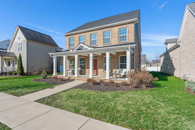 view of front of home featuring brick siding, a front lawn, and a porch