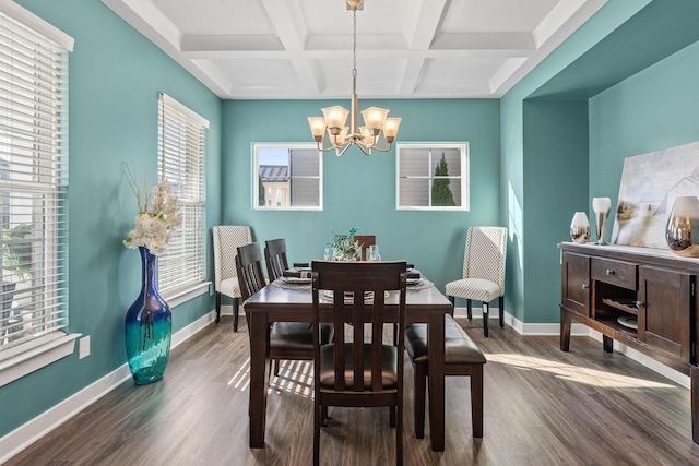 dining area with dark wood-style floors, a chandelier, coffered ceiling, beamed ceiling, and baseboards