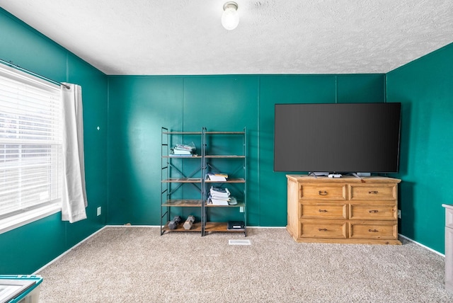 interior space with a textured ceiling and carpet flooring