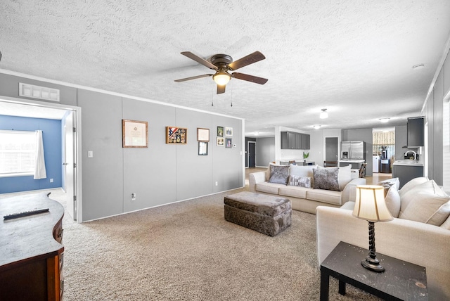 carpeted living room with crown molding, visible vents, a ceiling fan, a sink, and a textured ceiling