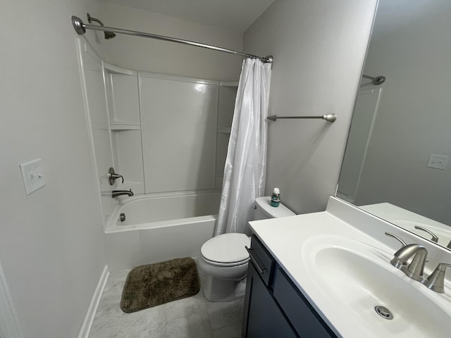 bathroom with toilet, shower / bath combination with curtain, and vanity