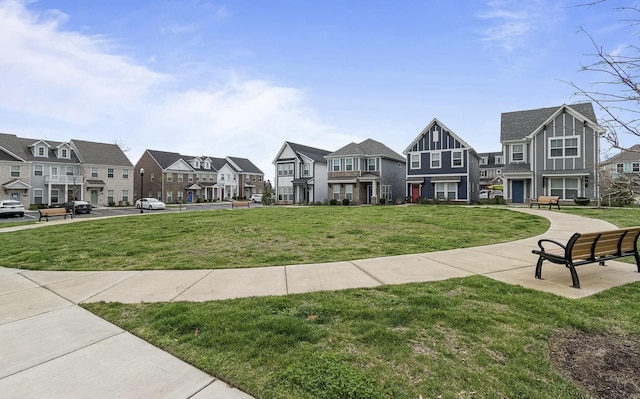 surrounding community with a yard and a residential view