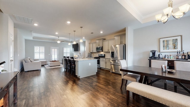 kitchen featuring visible vents, open floor plan, dark wood-style flooring, a tray ceiling, and stainless steel appliances