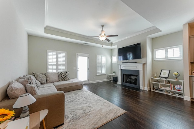 living area with a fireplace, baseboards, dark wood-style floors, a raised ceiling, and crown molding