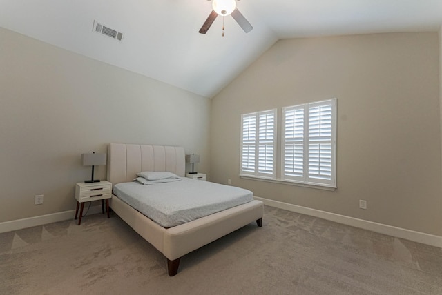 carpeted bedroom with a ceiling fan, visible vents, vaulted ceiling, and baseboards