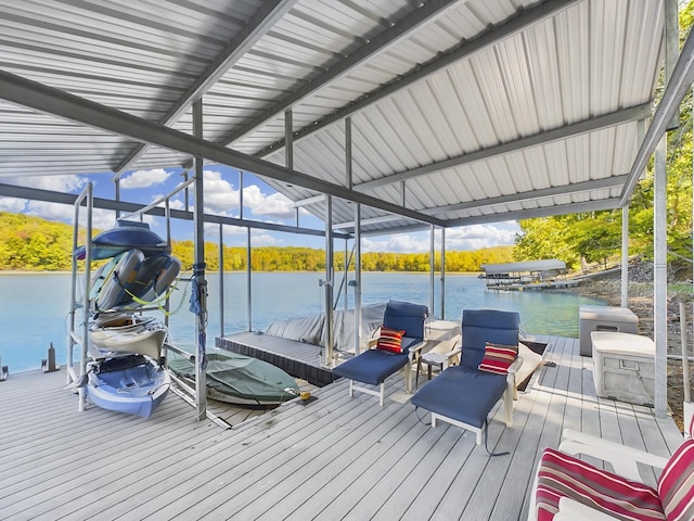 view of dock with a water view and boat lift