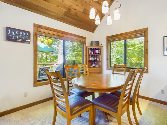 dining room with a chandelier, lofted ceiling, wooden ceiling, and plenty of natural light