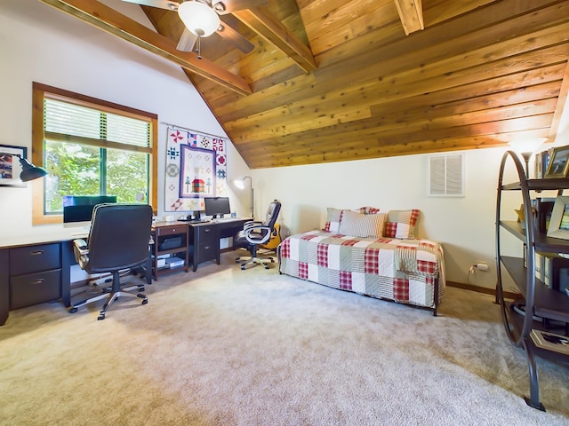 office with visible vents, a ceiling fan, wooden ceiling, vaulted ceiling with beams, and carpet