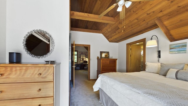 carpeted bedroom featuring lofted ceiling with beams and wood ceiling