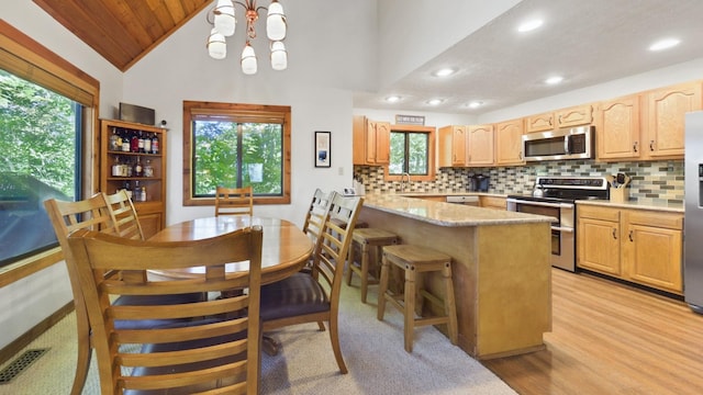 kitchen featuring a peninsula, vaulted ceiling, stainless steel appliances, light brown cabinetry, and backsplash