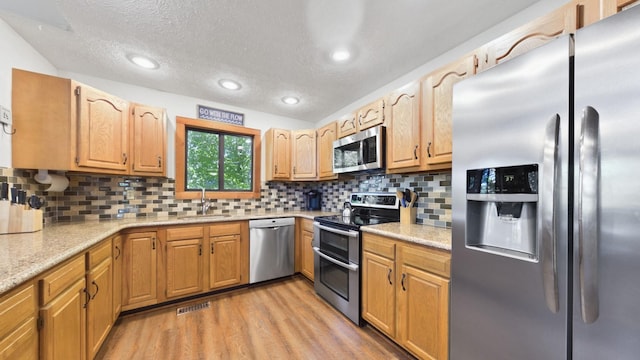 kitchen with light wood finished floors, visible vents, decorative backsplash, appliances with stainless steel finishes, and a sink