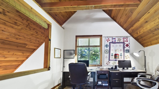 office space with vaulted ceiling with beams, wooden ceiling, and baseboards