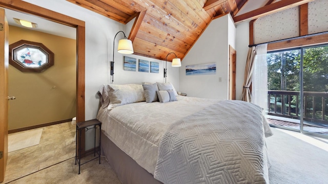 bedroom with lofted ceiling, wooden ceiling, access to outside, and baseboards