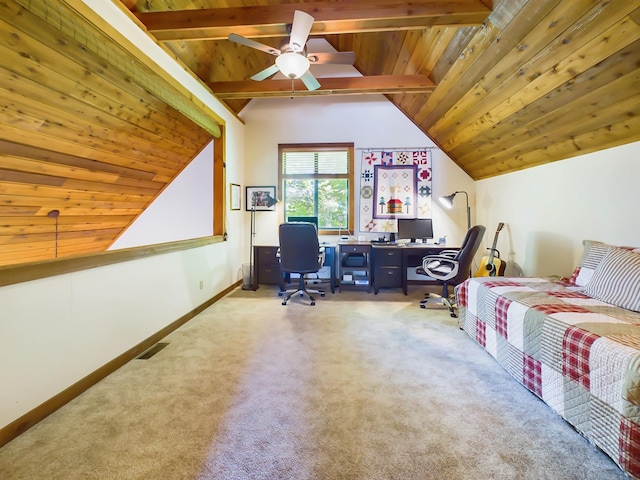 carpeted bedroom with baseboards, visible vents, a ceiling fan, lofted ceiling with beams, and wooden ceiling