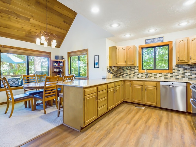 kitchen with light wood finished floors, dishwasher, lofted ceiling, a peninsula, and a sink