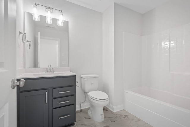 full bath with shower / washtub combination, marble finish floor, toilet, vanity, and baseboards