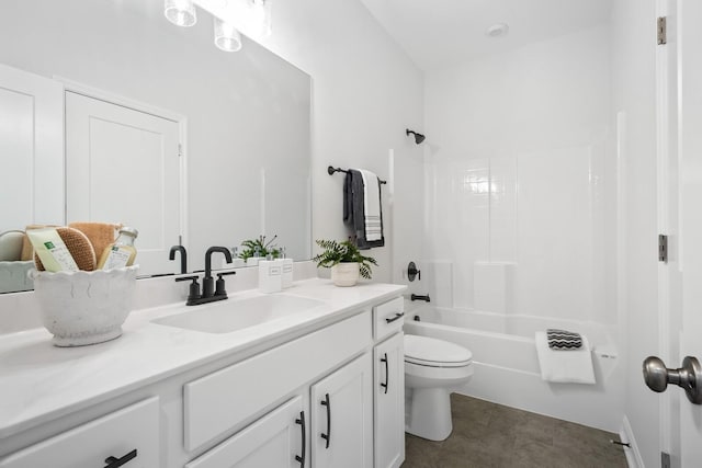 full bath with toilet, tile patterned flooring,  shower combination, and vanity