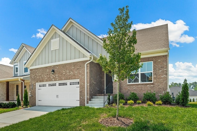 view of front of home featuring driveway, brick siding, board and batten siding, and a front yard