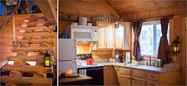 kitchen featuring vaulted ceiling, white appliances, a healthy amount of sunlight, and a sink