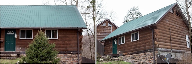 exterior space with metal roof and log exterior