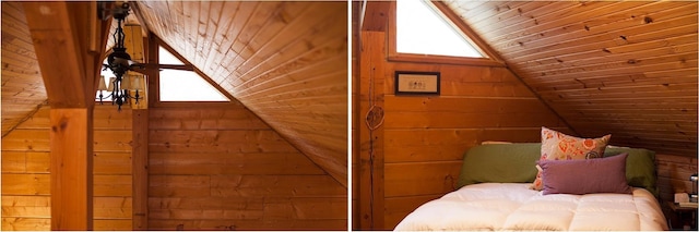 bedroom with lofted ceiling, wood ceiling, and wooden walls