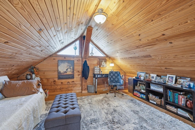 bedroom with lofted ceiling, wood ceiling, and wooden walls