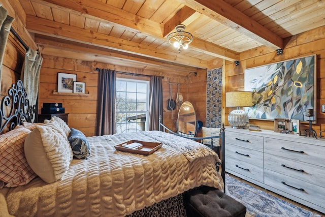 bedroom featuring wood ceiling, wooden walls, and beam ceiling