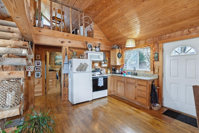 kitchen with lofted ceiling, wooden ceiling, light wood-style floors, a sink, and white appliances