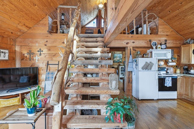 kitchen featuring lofted ceiling, white appliances, and wood ceiling