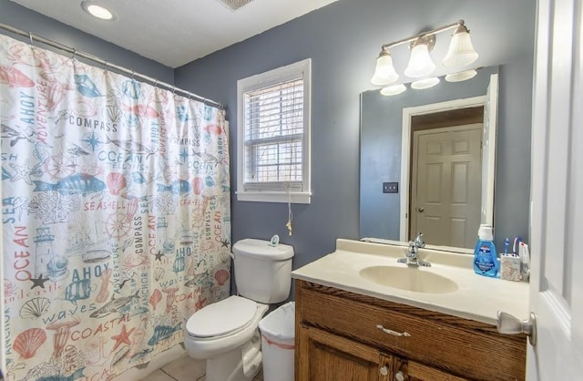 full bathroom with tile patterned flooring, toilet, visible vents, vanity, and a shower with curtain