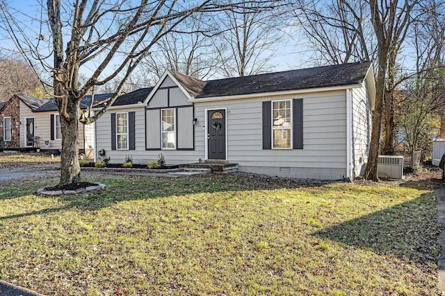 ranch-style house with a front lawn and crawl space