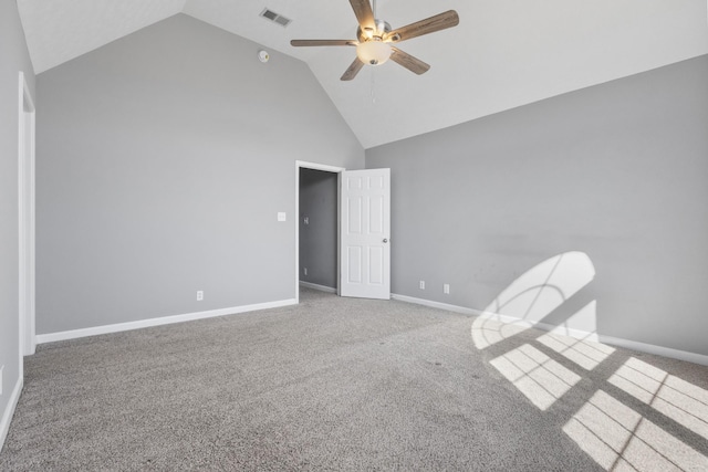 carpeted empty room with a ceiling fan, visible vents, high vaulted ceiling, and baseboards