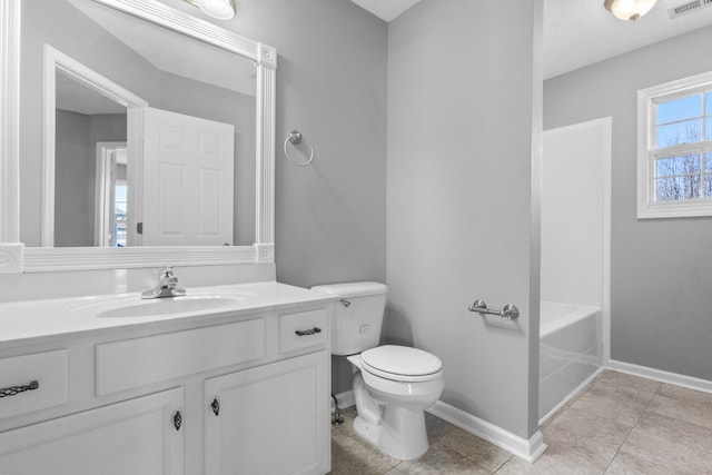 bathroom with baseboards, visible vents, vanity, and toilet