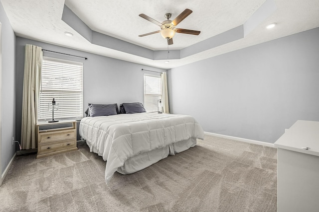 bedroom featuring a textured ceiling, baseboards, a raised ceiling, and carpet flooring