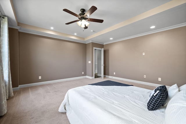 bedroom featuring ceiling fan, recessed lighting, light carpet, baseboards, and a raised ceiling