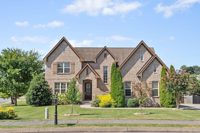 view of front of property featuring brick siding and a front lawn