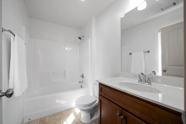 bathroom with visible vents, toilet, tile patterned flooring, tub / shower combination, and vanity