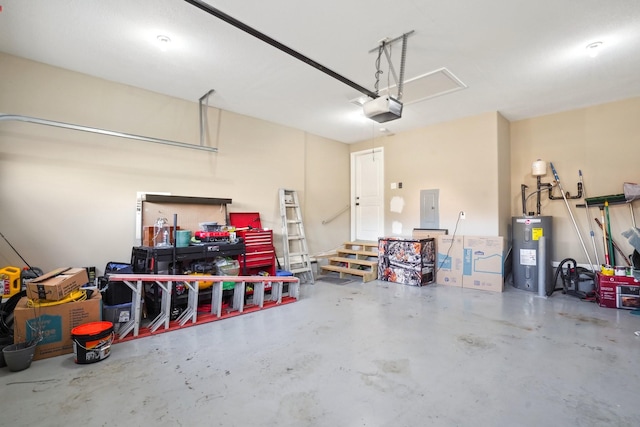 garage featuring electric panel, a garage door opener, and electric water heater