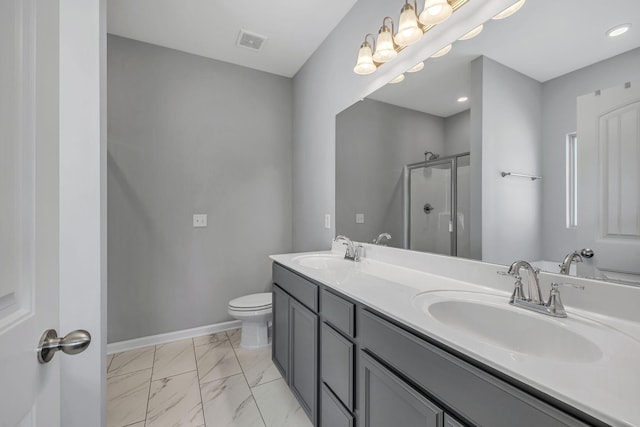 full bathroom featuring marble finish floor, a shower stall, visible vents, and a sink