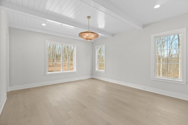 unfurnished room featuring light wood finished floors, beamed ceiling, and baseboards