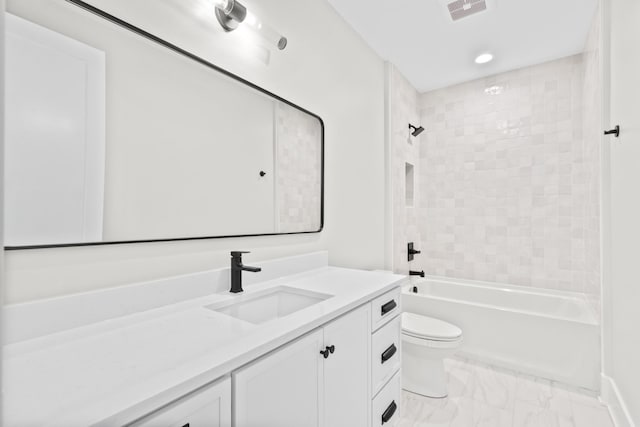 full bathroom with vanity, visible vents, shower / tub combination, toilet, and marble finish floor