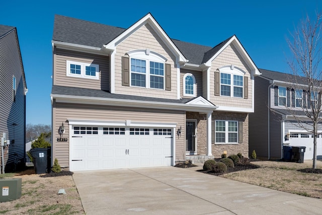 view of front of property featuring stone siding, roof with shingles, an attached garage, and concrete driveway