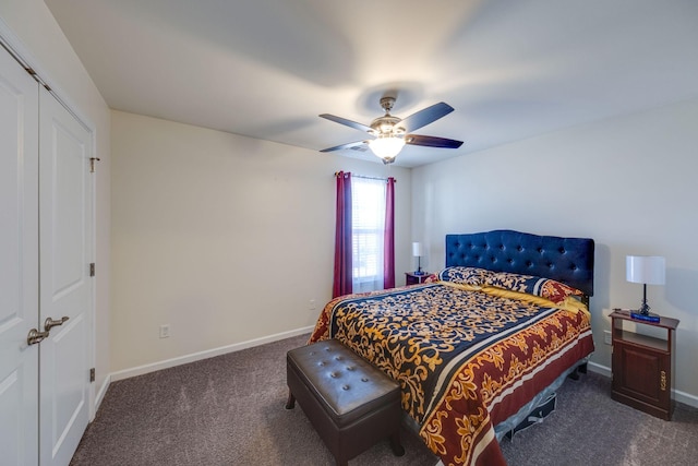 bedroom with ceiling fan, dark carpet, and baseboards