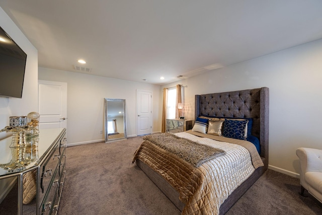 bedroom featuring recessed lighting, carpet, visible vents, and baseboards