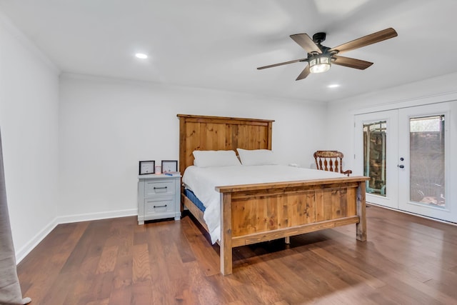 bedroom with recessed lighting, baseboards, access to exterior, french doors, and dark wood finished floors