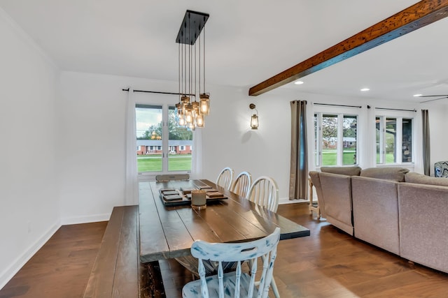 dining area with plenty of natural light, dark wood finished floors, beam ceiling, and baseboards