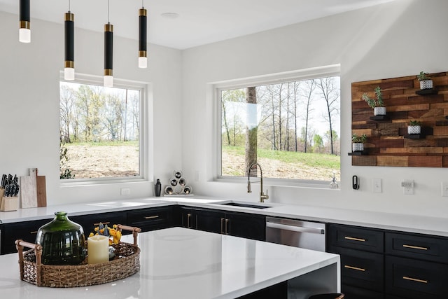 kitchen featuring a healthy amount of sunlight, dark cabinets, stainless steel dishwasher, and a sink