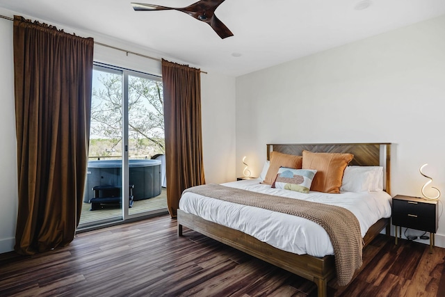 bedroom with access to exterior, a ceiling fan, and wood finished floors